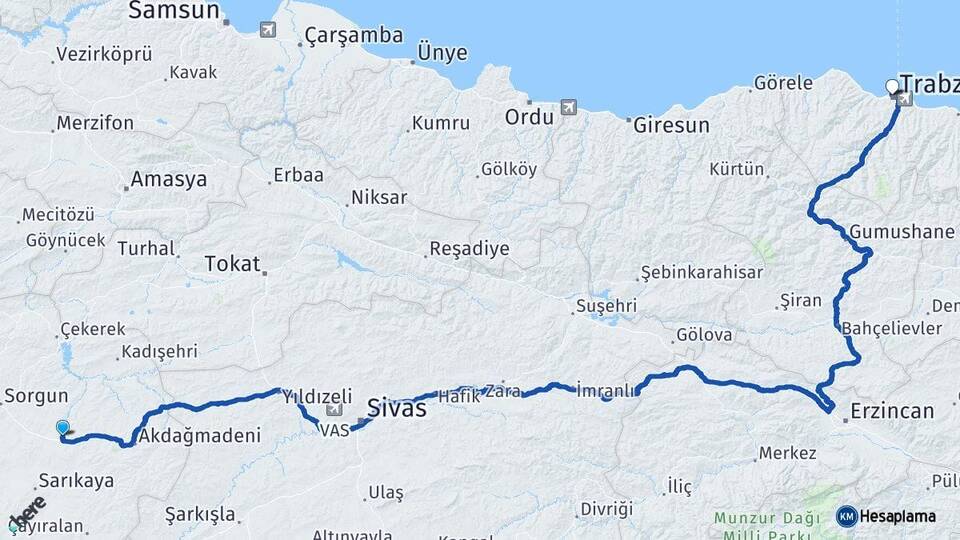 Yozgat Saraykent Trabzon Arası Kaç Km - Yol Haritası
