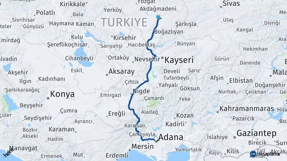 Yozgat Sarıkaya Adana Arası Kaç Km - Yol Haritası