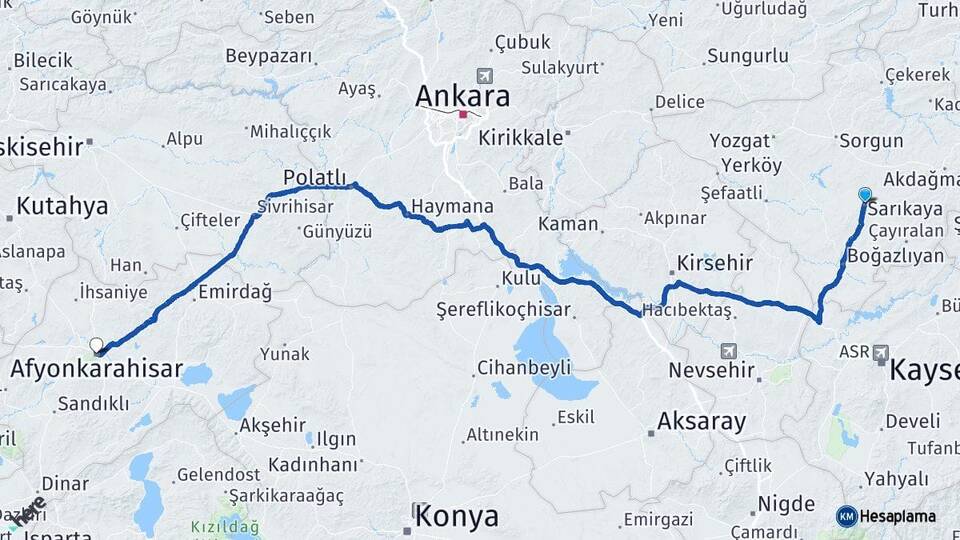 Yozgat Sarıkaya Afyonkarahisar Arası Kaç Km - Yol Haritası