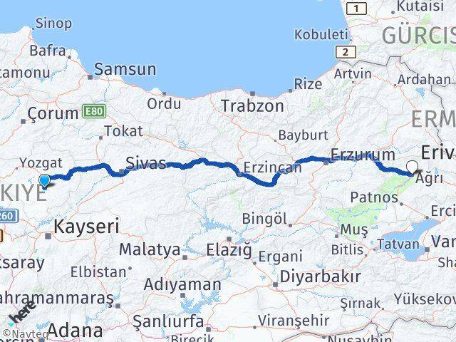 Yozgat Sarıkaya Ağrı Arası Kaç Km - Yol Haritası