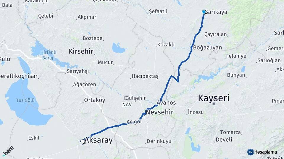 Yozgat Sarıkaya Aksaray Arası Kaç Km - Yol Haritası