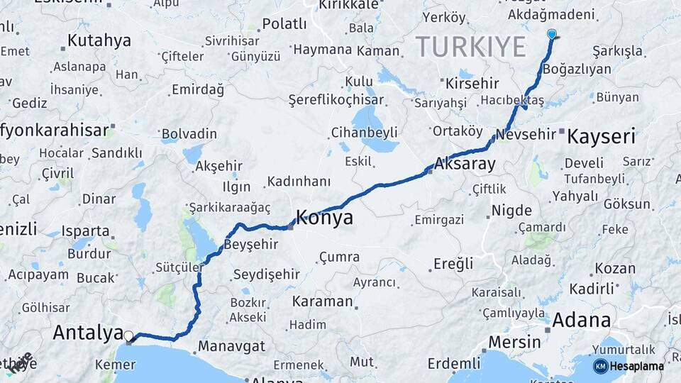 Yozgat Sarıkaya Antalya Arası Kaç Km - Yol Haritası