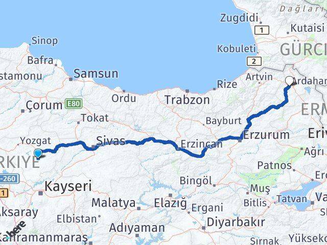 Yozgat Sarıkaya Ardahan Arası Kaç Km - Yol Haritası
