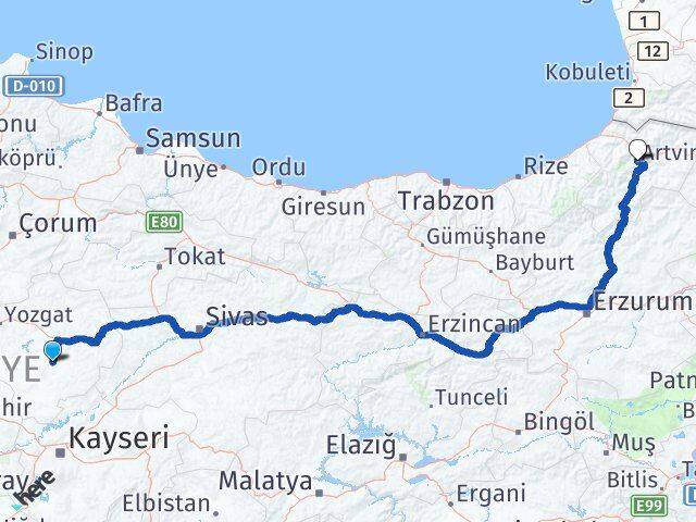Yozgat Sarıkaya Artvin Arası Kaç Km - Yol Haritası