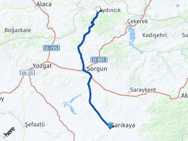Yozgat Sarıkaya Aydıncık Arası Kaç Km - Yol Haritası