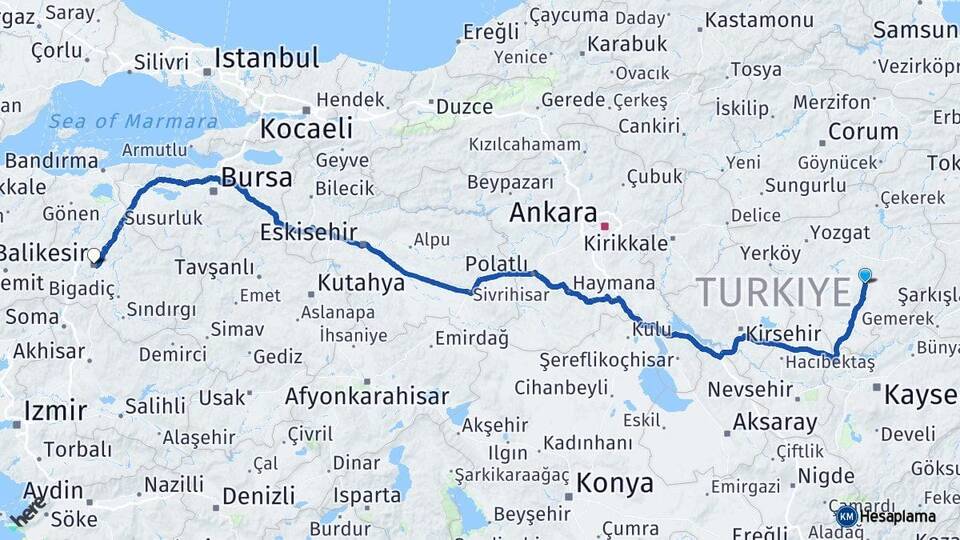 Yozgat Sarıkaya Balıkesir Arası Kaç Km - Yol Haritası