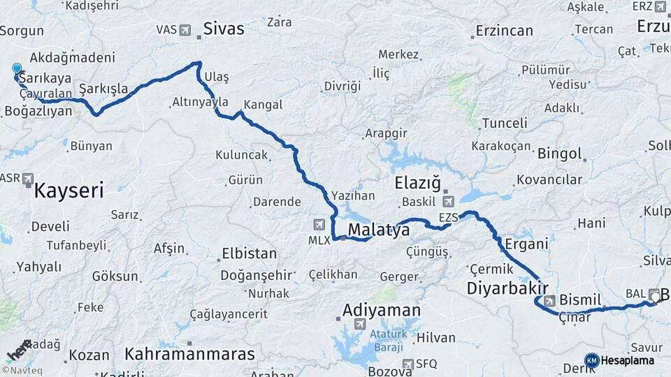 Yozgat Sarıkaya Batman Arası Kaç Km - Yol Haritası