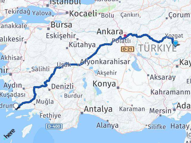 Yozgat Sarıkaya Bodrum Muğla Arası Kaç Km - Yol Haritası