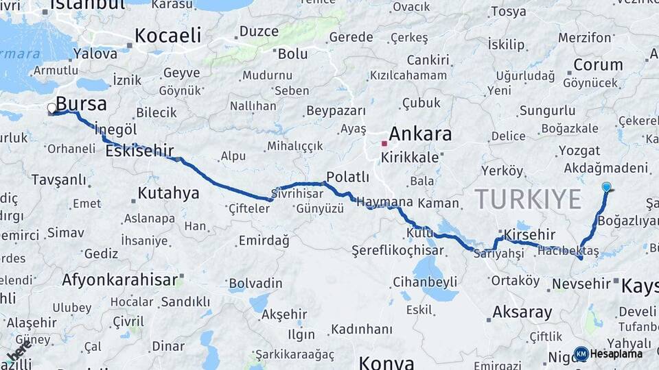 Yozgat Sarıkaya Bursa Arası Kaç Km - Yol Haritası