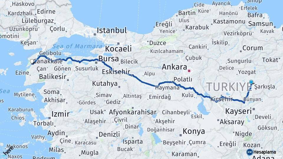 Yozgat Sarıkaya Çanakkale Arası Kaç Km - Yol Haritası