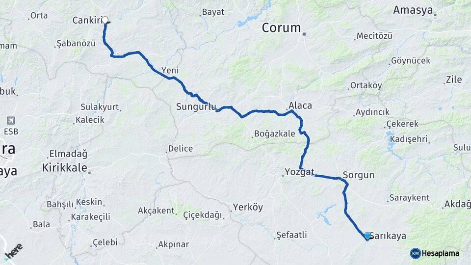 Yozgat Sarıkaya Çankırı Arası Kaç Km - Yol Haritası