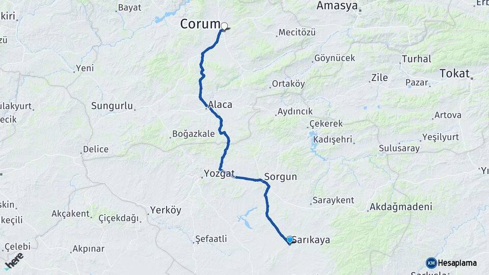 Yozgat Sarıkaya Çorum Arası Kaç Km - Yol Haritası