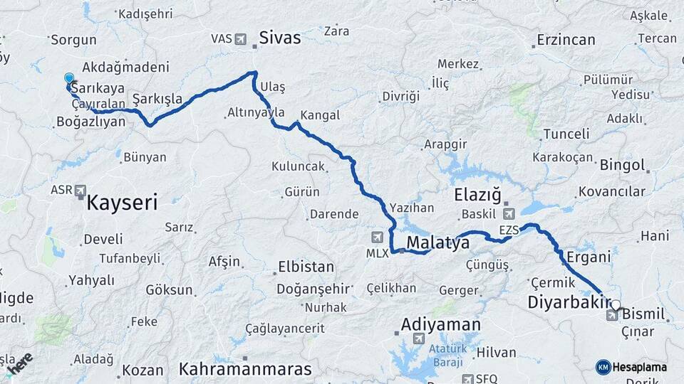 Yozgat Sarıkaya Diyarbakır Arası Kaç Km - Yol Haritası