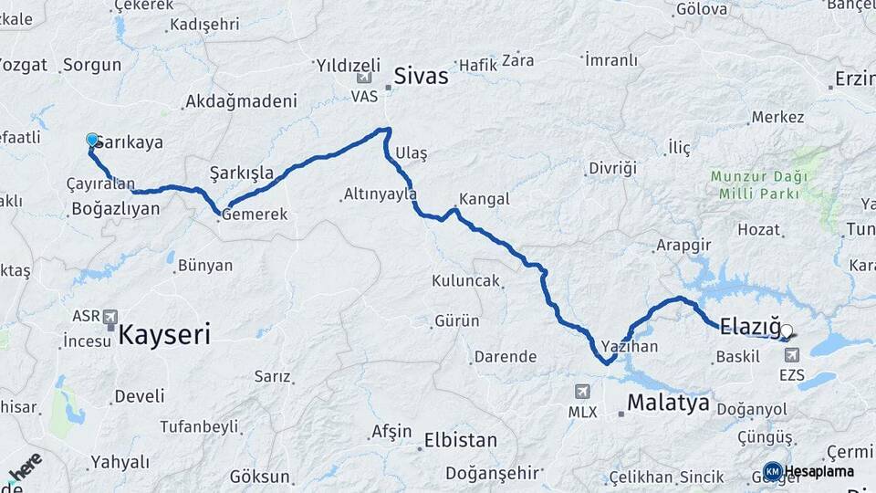 Yozgat Sarıkaya Elazığ Arası Kaç Km - Yol Haritası