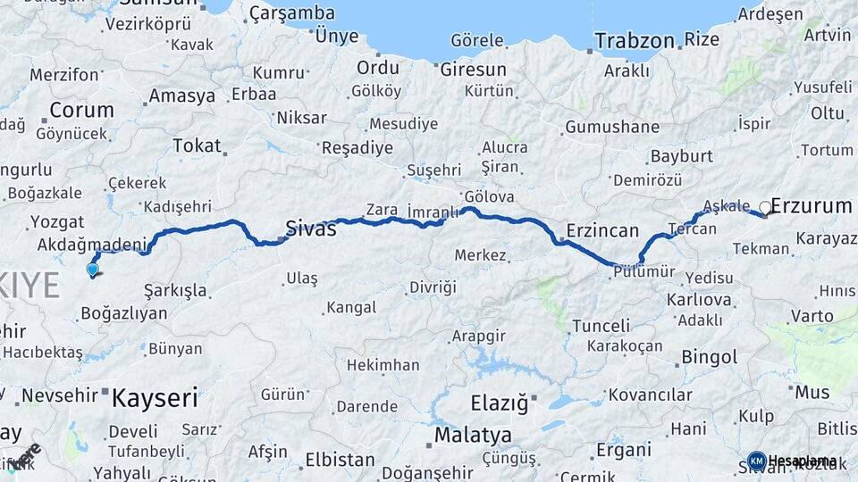 Yozgat Sarıkaya Erzurum Arası Kaç Km - Yol Haritası