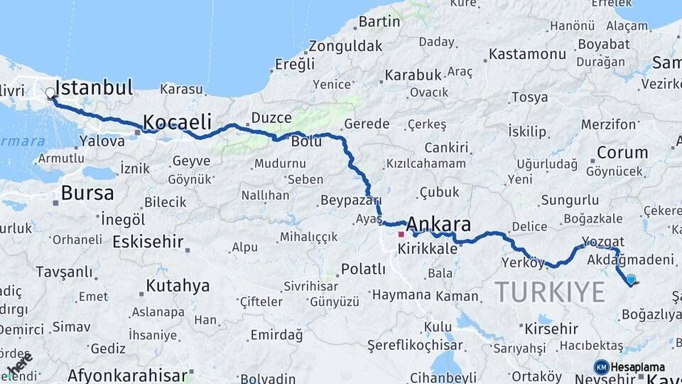 Yozgat Sarıkaya İstanbul Arası Kaç Km - Yol Haritası