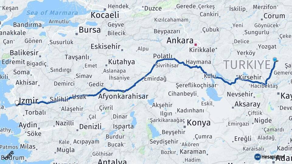 Yozgat Sarıkaya İzmir Arası Kaç Km - Yol Haritası