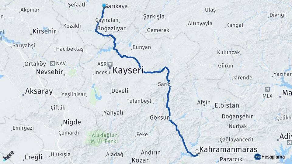 Yozgat Sarıkaya Kahramanmaraş Arası Kaç Km - Yol Haritası