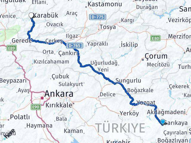 Yozgat Sarıkaya Karabük Arası Kaç Km - Yol Haritası