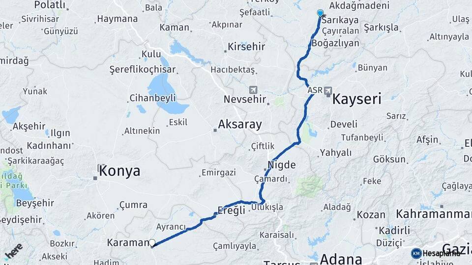 Yozgat Sarıkaya Karaman Arası Kaç Km - Yol Haritası