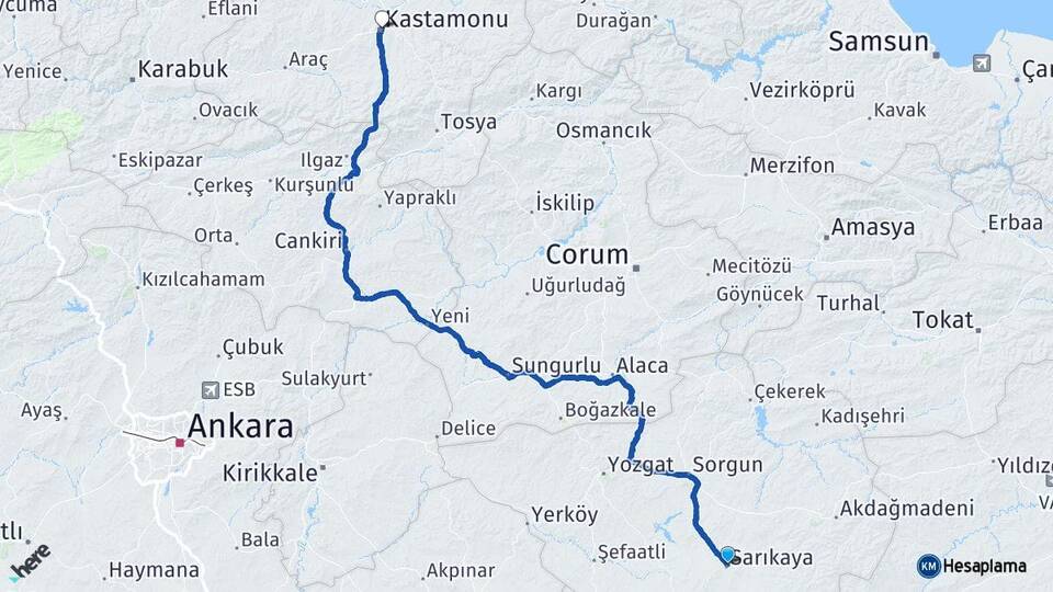 Yozgat Sarıkaya Kastamonu Arası Kaç Km - Yol Haritası