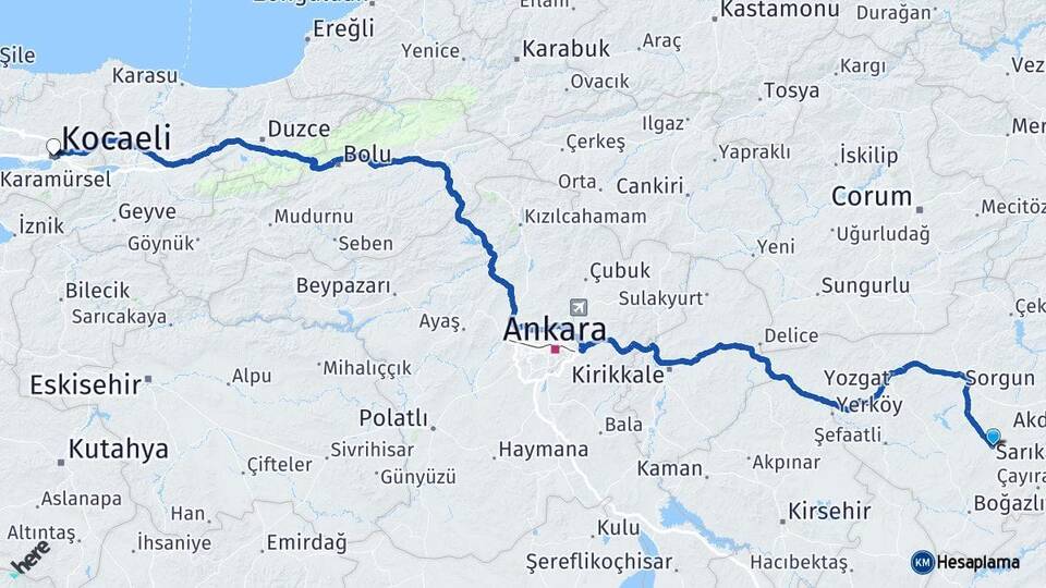 Yozgat Sarıkaya Kocaeli Arası Kaç Km - Yol Haritası