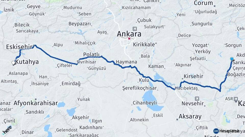 Yozgat Sarıkaya Kütahya Arası Kaç Km - Yol Haritası