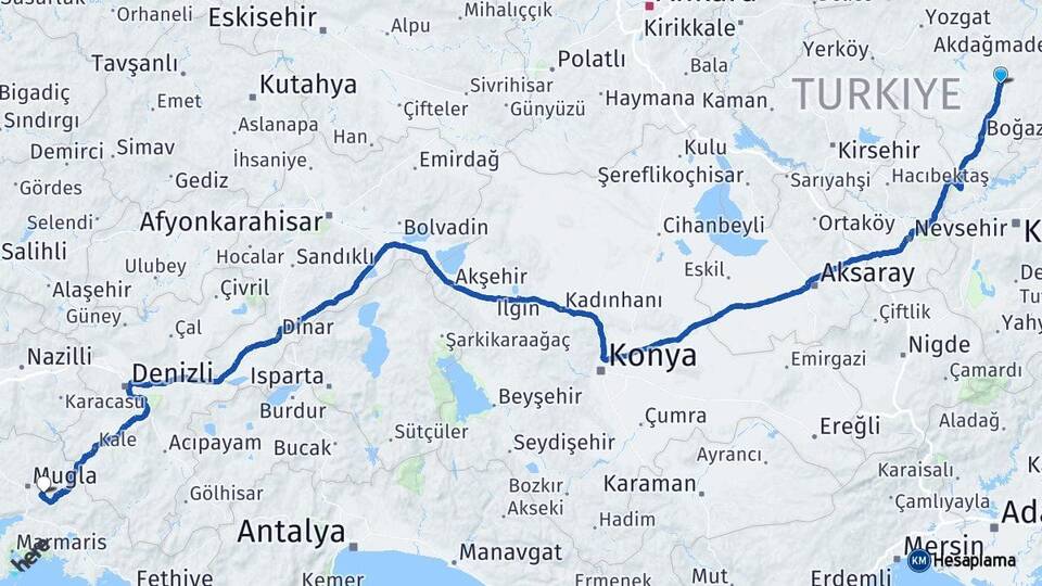 Yozgat Sarıkaya Muğla Arası Kaç Km - Yol Haritası