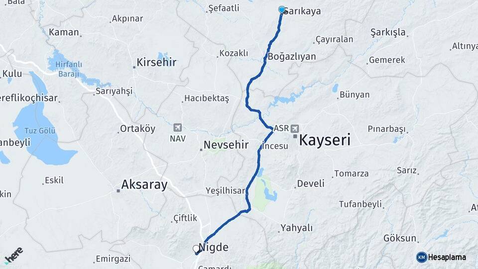 Yozgat Sarıkaya Niğde Arası Kaç Km - Yol Haritası