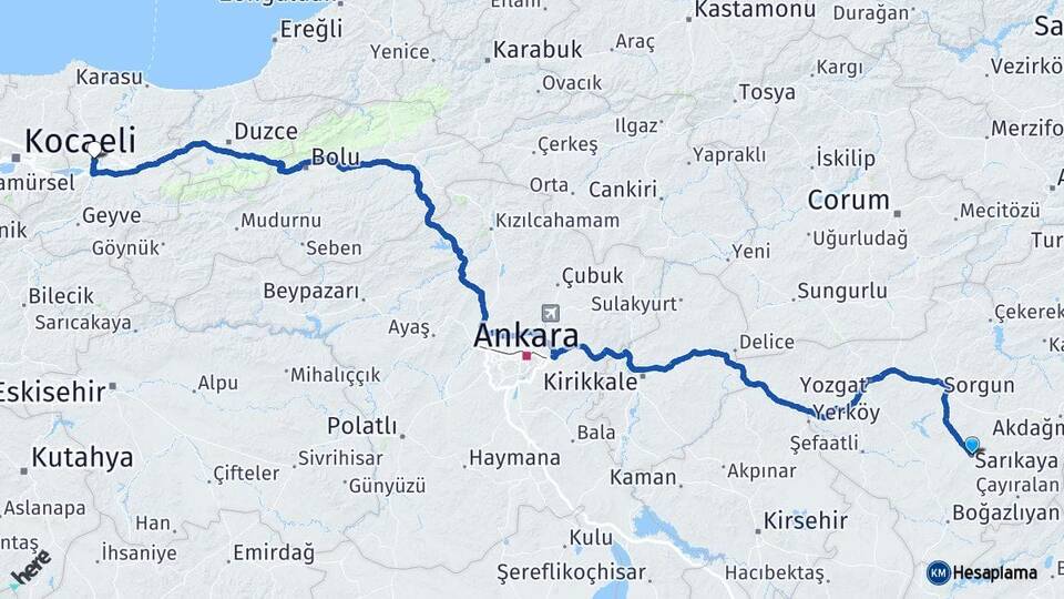 Yozgat Sarıkaya Sakarya Arası Kaç Km - Yol Haritası
