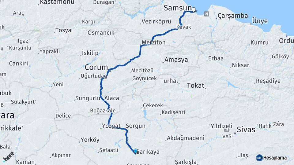 Yozgat Sarıkaya Samsun Arası Kaç Km - Yol Haritası