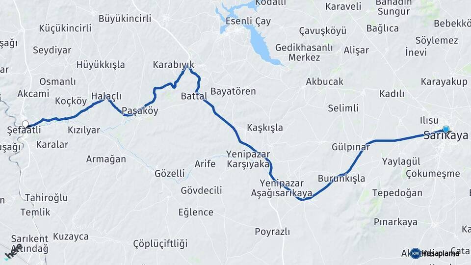 Yozgat Sarıkaya Şefaatli Arası Kaç Km - Yol Haritası