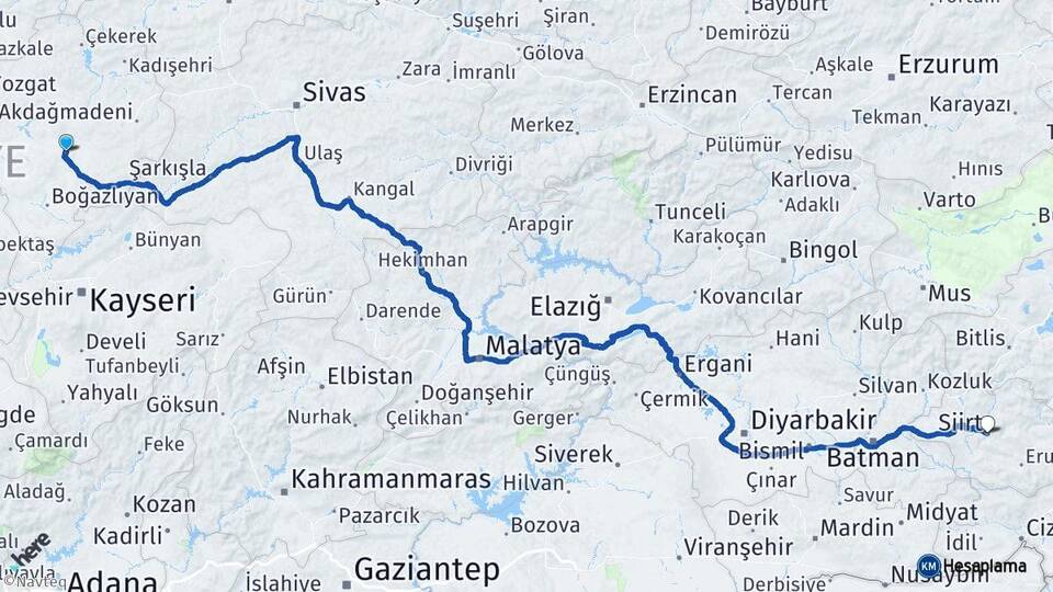 Yozgat Sarıkaya Siirt Arası Kaç Km - Yol Haritası