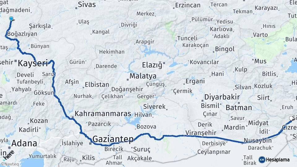 Yozgat Sarıkaya Şırnak Arası Kaç Km - Yol Haritası