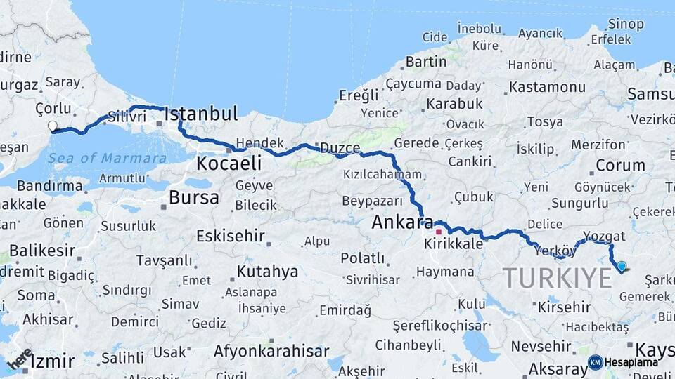 Yozgat Sarıkaya Tekirdağ Arası Kaç Km - Yol Haritası