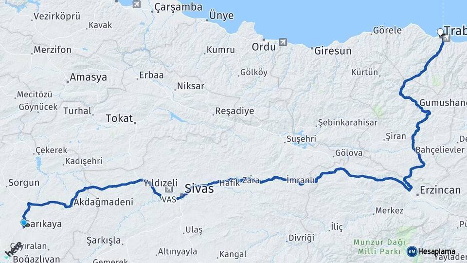 Yozgat Sarıkaya Trabzon Arası Kaç Km - Yol Haritası