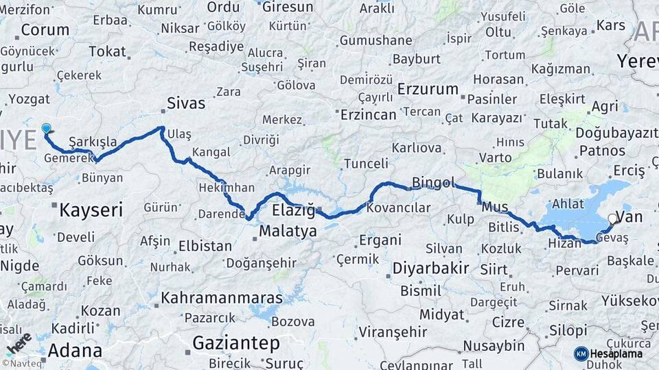 Yozgat Sarıkaya Van Arası Kaç Km - Yol Haritası
