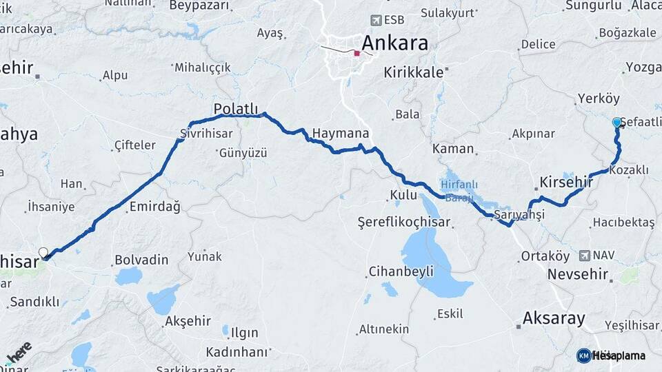 Yozgat Şefaatli Afyonkarahisar Arası Kaç Km - Yol Haritası