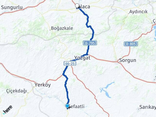 Yozgat Şefaatli Alaca Çorum Arası Kaç Km - Yol Haritası