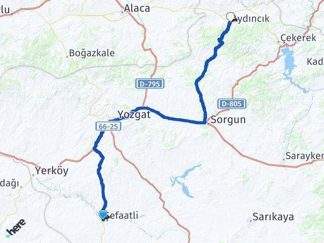 Yozgat Şefaatli Aydıncık Arası Kaç Km - Yol Haritası