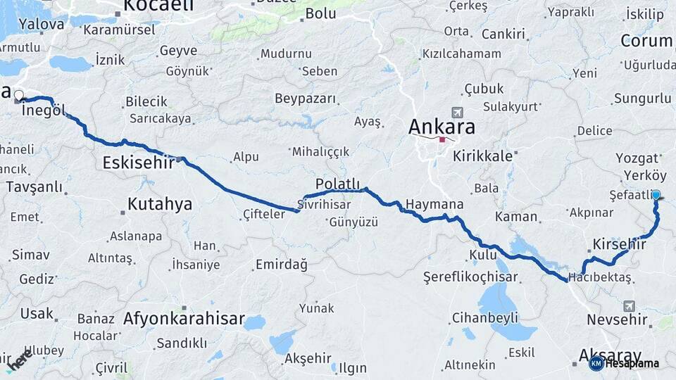 Yozgat Şefaatli Bursa Arası Kaç Km - Yol Haritası