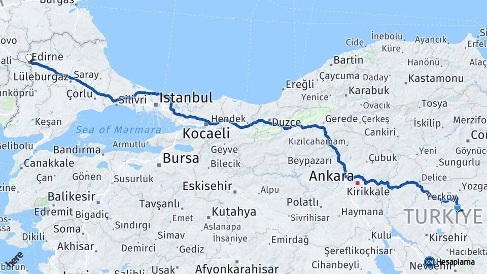Yozgat Şefaatli Edirne Arası Kaç Km - Yol Haritası