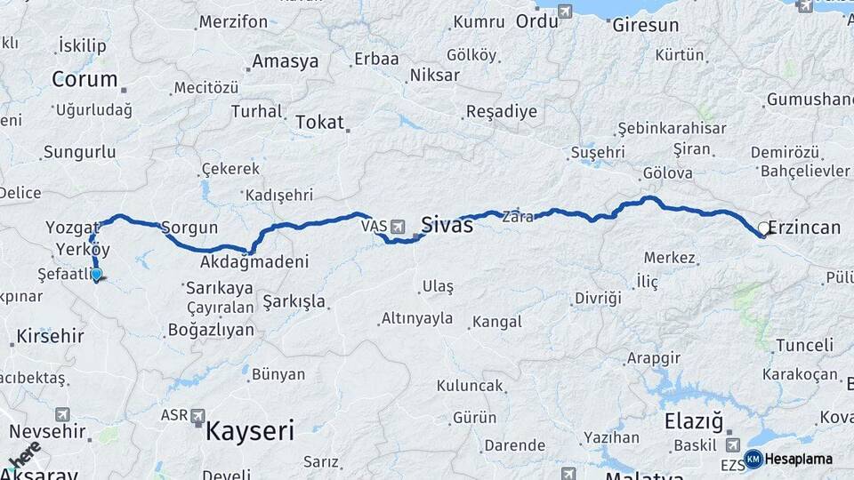 Yozgat Şefaatli Erzincan Arası Kaç Km - Yol Haritası