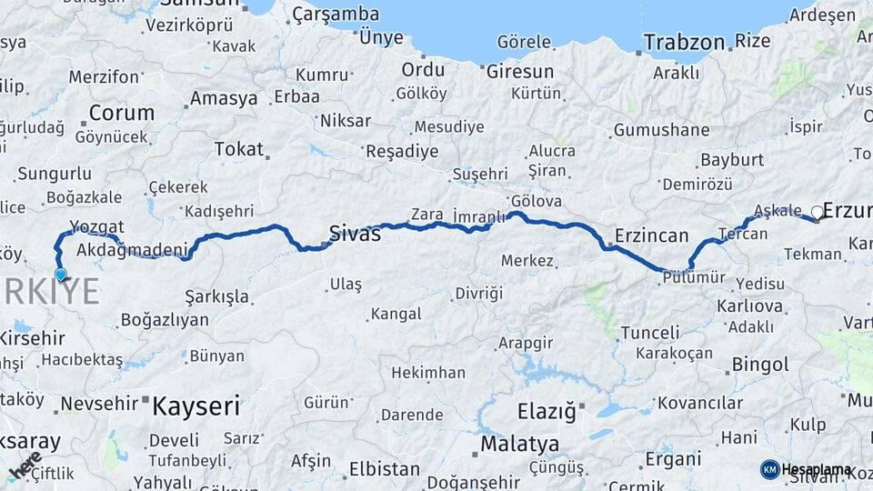 Yozgat Şefaatli Erzurum Arası Kaç Km - Yol Haritası