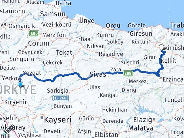 Yozgat Şefaatli Gümüşhane Arası Kaç Km - Yol Haritası