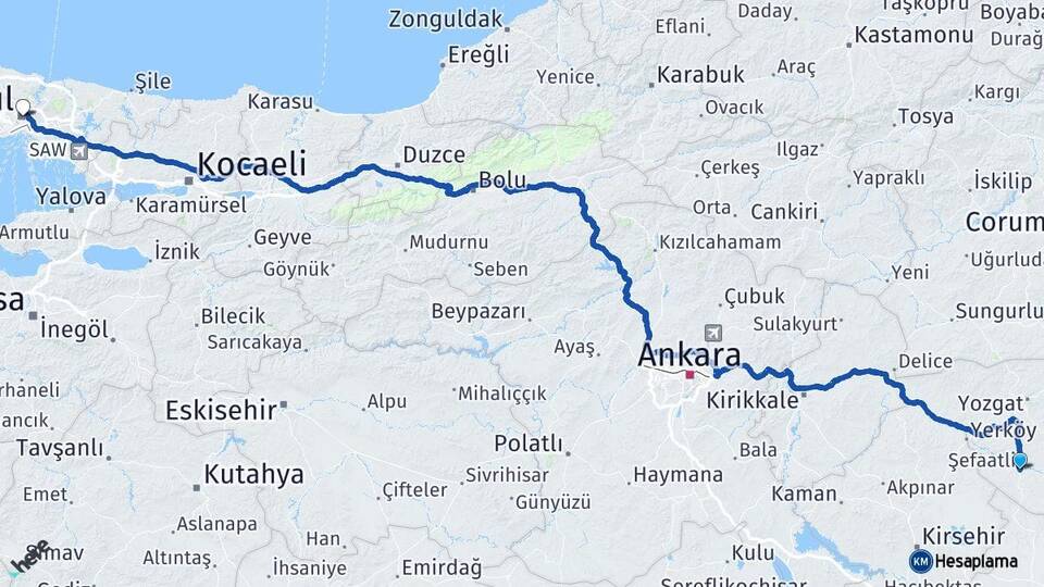 Yozgat Şefaatli İstanbul Arası Kaç Km - Yol Haritası
