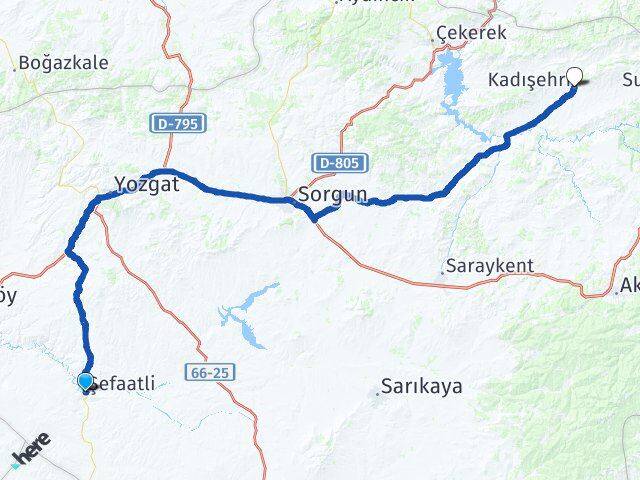 Yozgat Şefaatli Kadışehri Arası Kaç Km - Yol Haritası