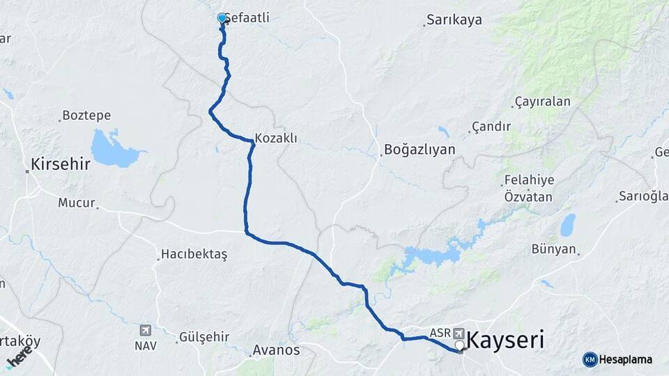 Yozgat Şefaatli Kayseri Arası Kaç Km - Yol Haritası