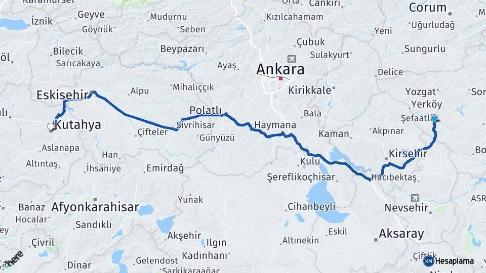 Yozgat Şefaatli Kütahya Arası Kaç Km - Yol Haritası