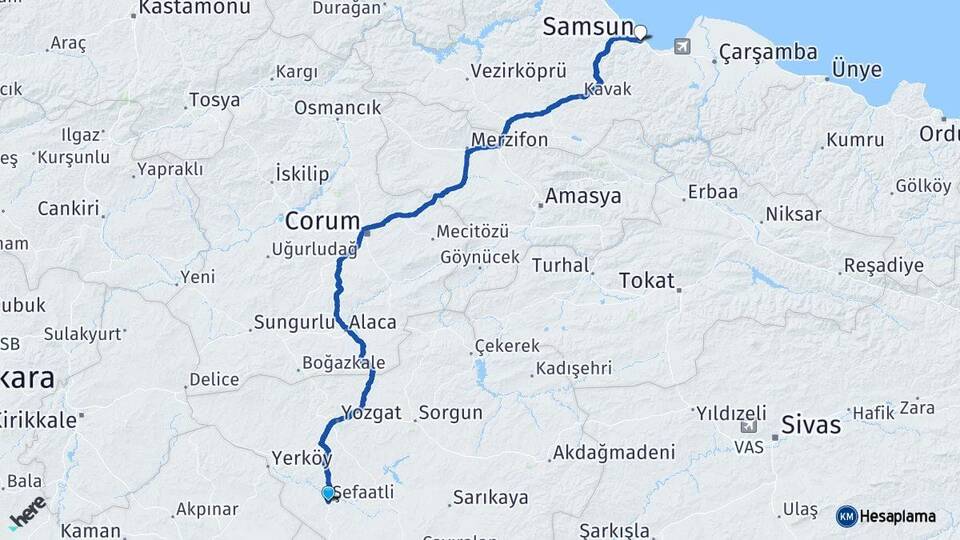 Yozgat Şefaatli Samsun Arası Kaç Km - Yol Haritası